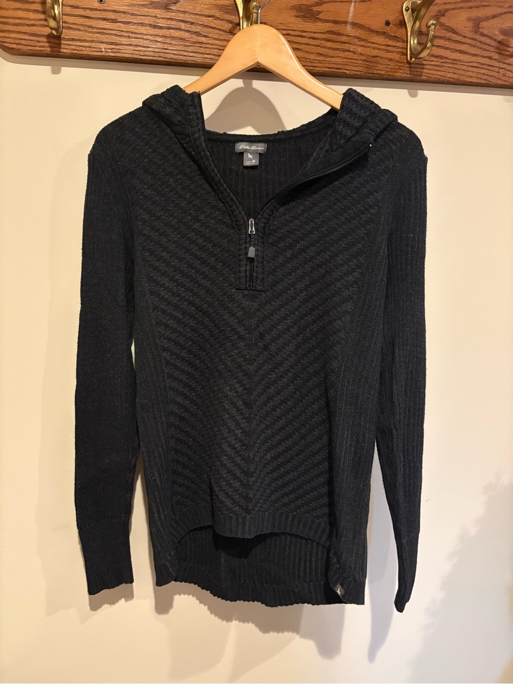 Eddie Bauer Black Hooded Half-Zip Chevron Knit Sweater